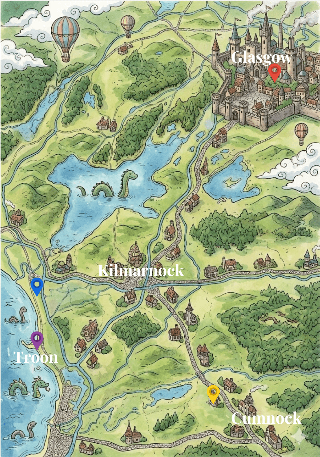 A whimsical, illustrated wedding map